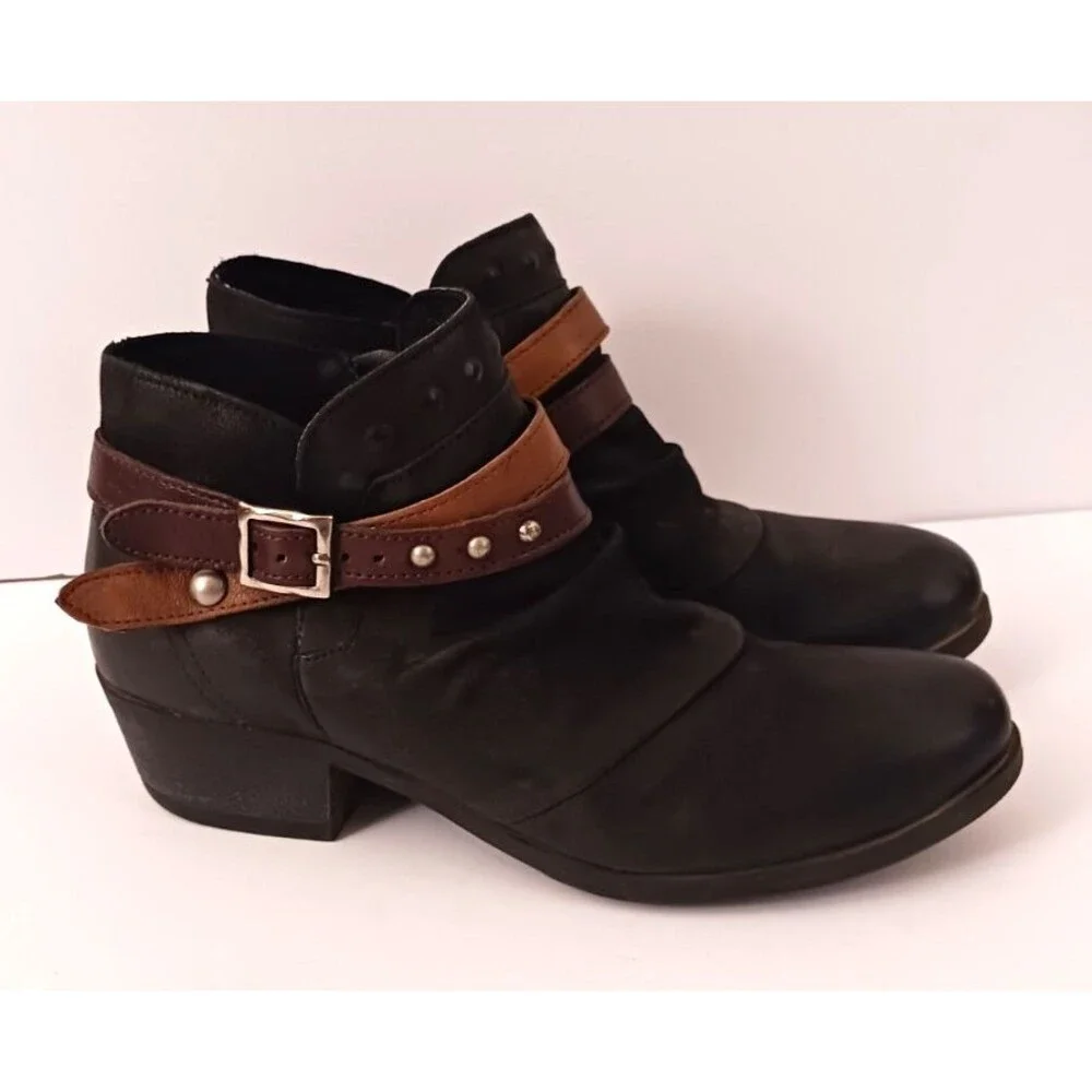 Miz Mooz Bucky Blk Leather Ankle Boot Stud Harness Strap EU 40 US 9